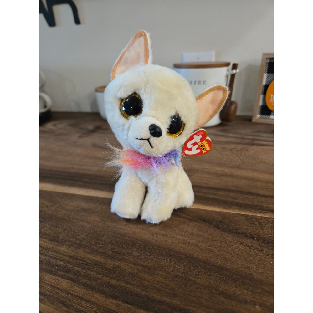 Ty Beanie Boos Chewey Chihuahua Cream Dog Plush Rainbow Fur Gold Glitter Eyes